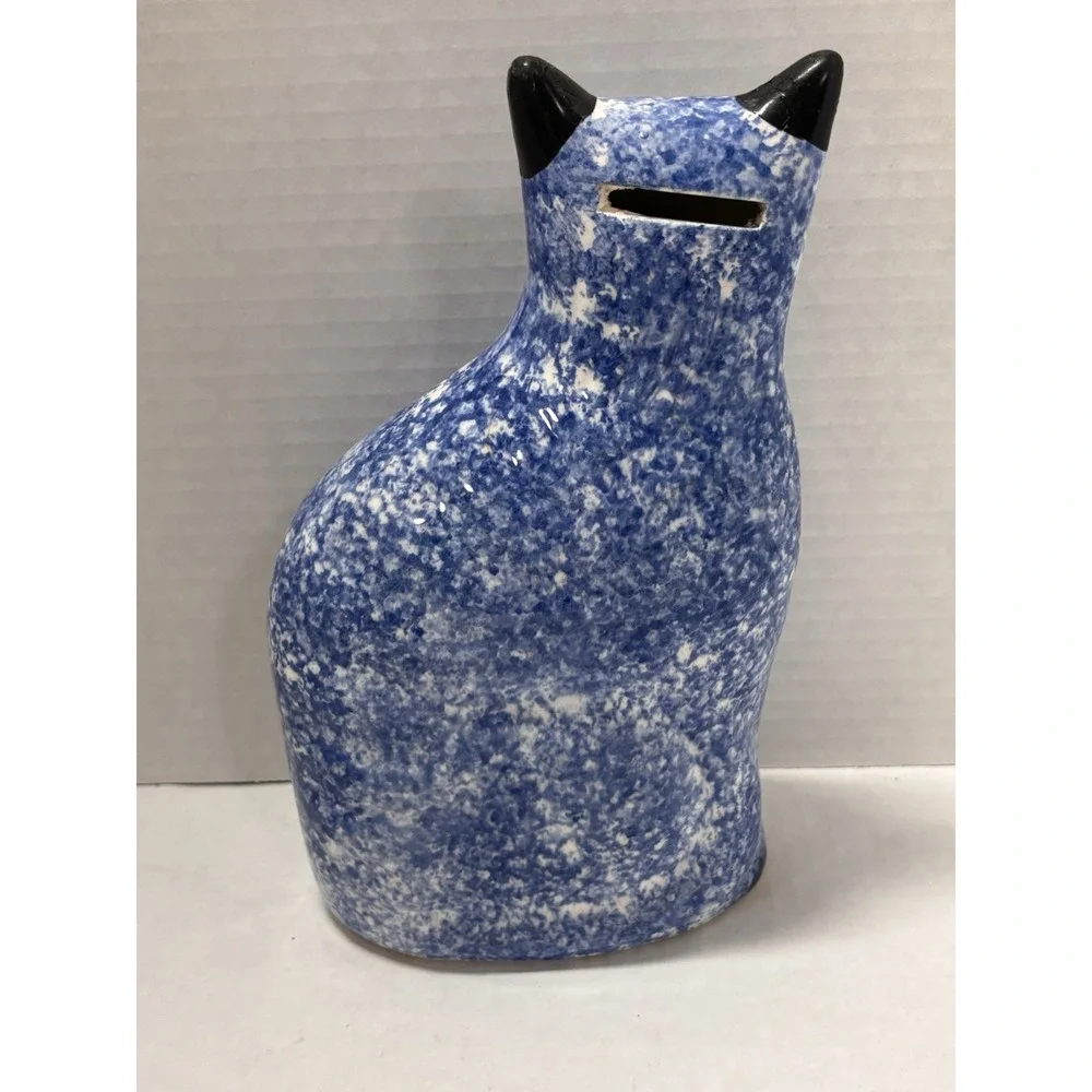 Cat Kitty Vintage Sponged Painted Blue‎ and White Coin Bank 9